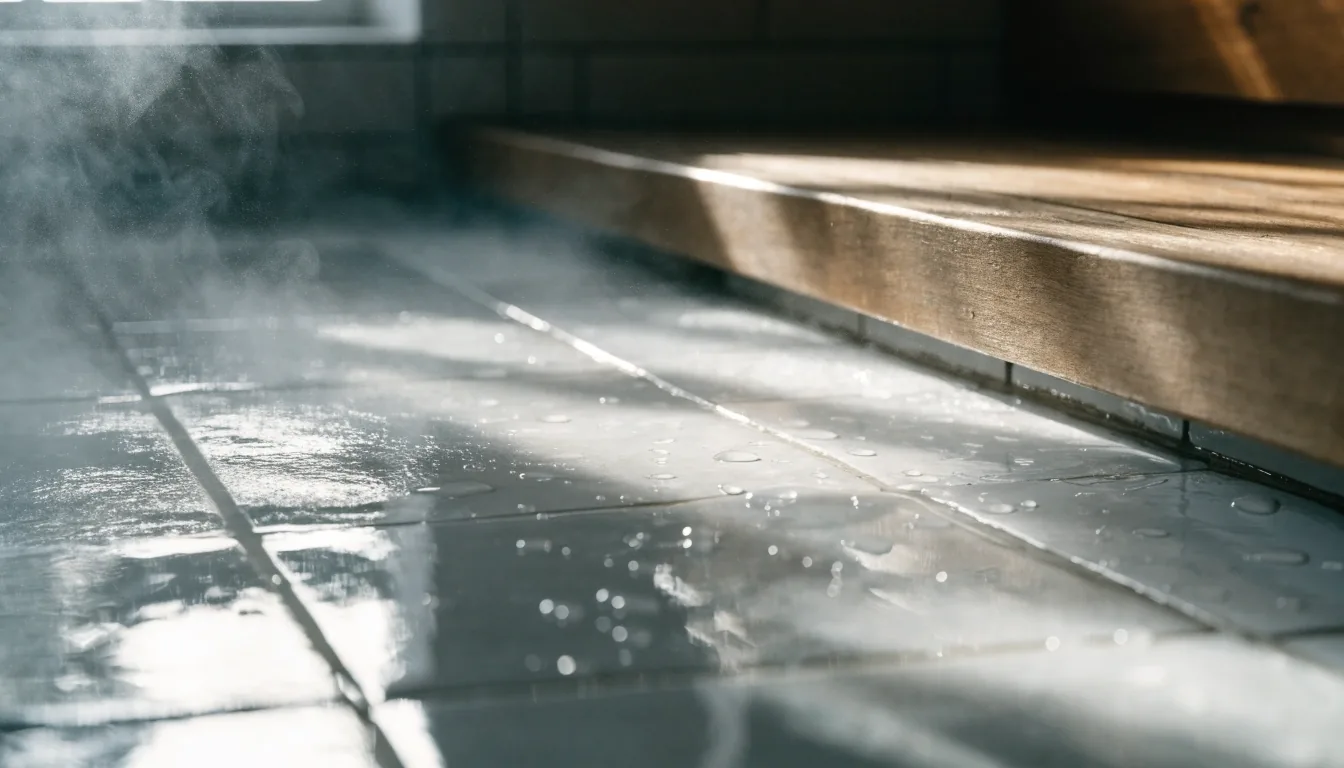 Water beading on white pool tile where it meets the wooden bench edge inside a Finnish public bathhouse at midday