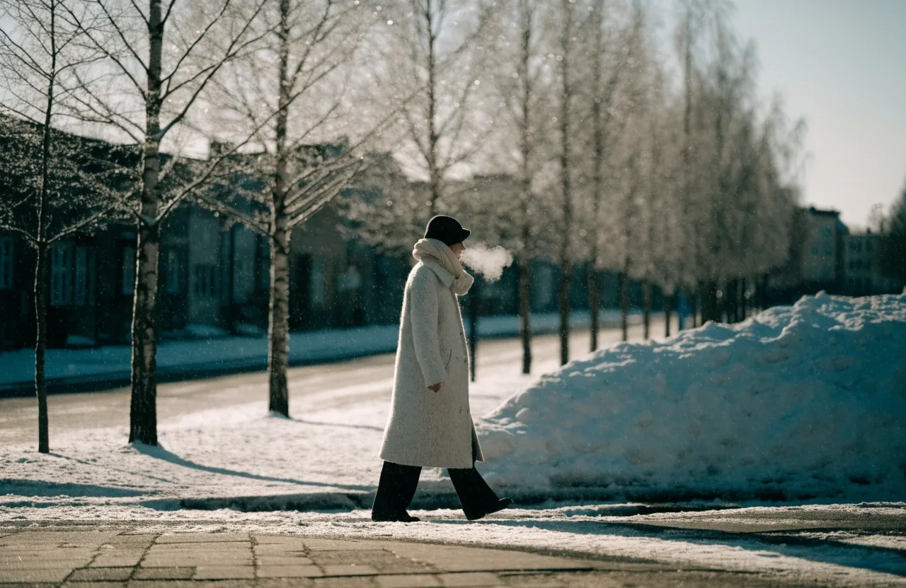 A woman walking outdoors in cold Finnish winter daylight