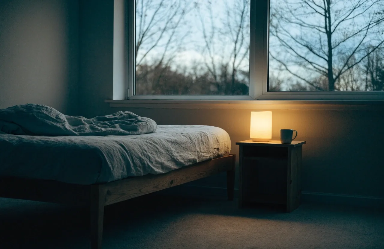 A quiet Nordic bedroom at dusk with rumpled linen sheets, a low bedside lamp, and cool daylight fading through a tall window