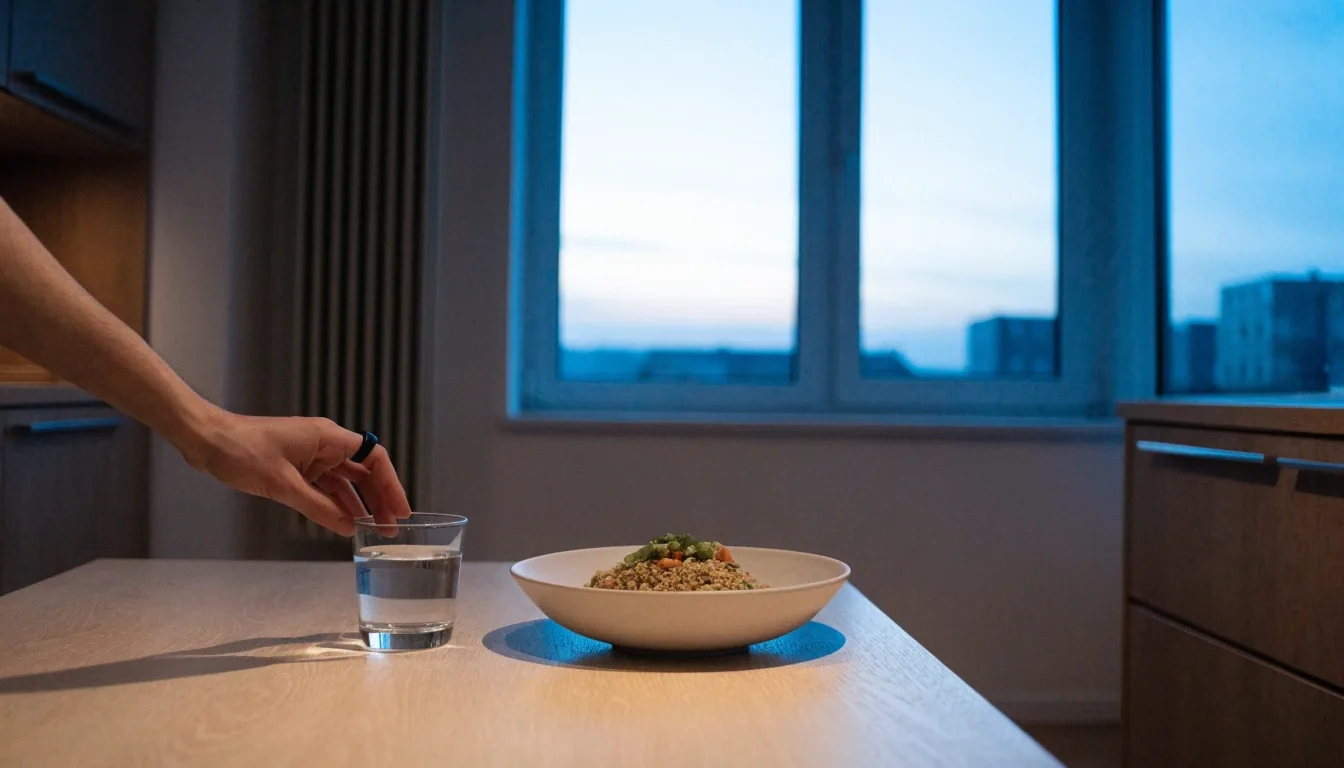 A bowl of grain salad and a glass of water on a kitchen table at dusk