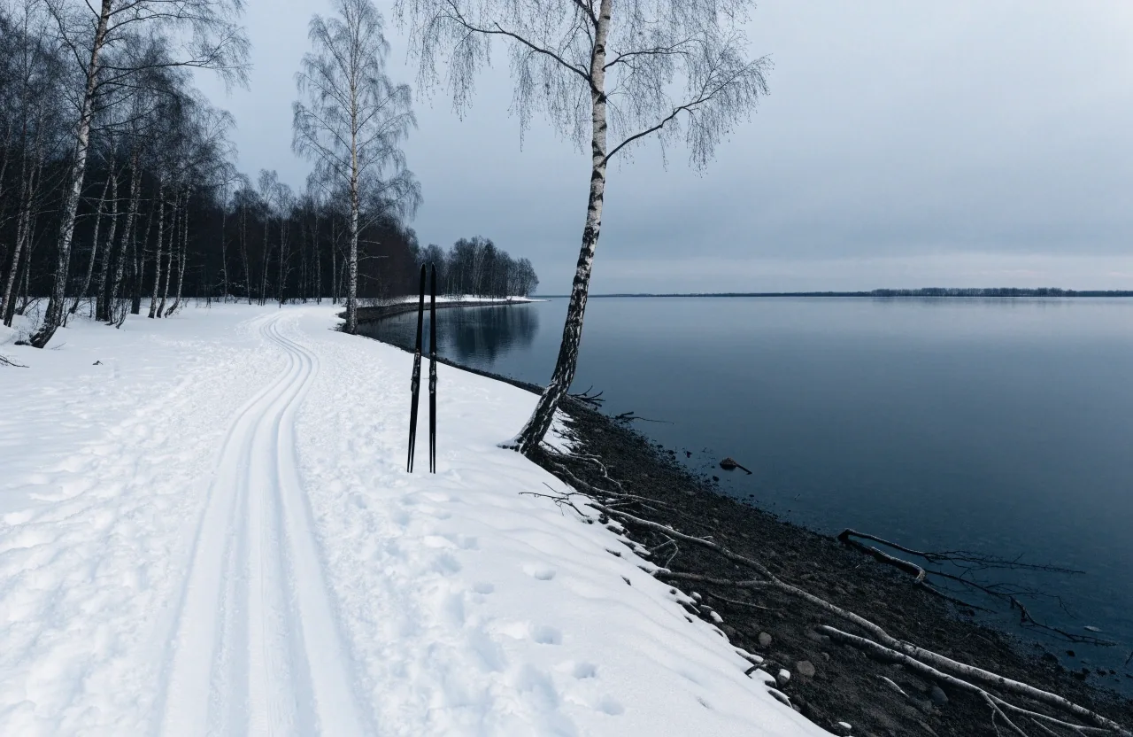 A cleared winter walking path between snow banks on a residential street