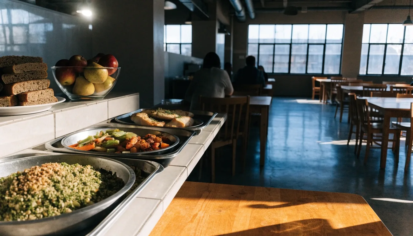 A workplace canteen buffet with grain salad, vegetables, fish, and rye bread laid out at lunchtime