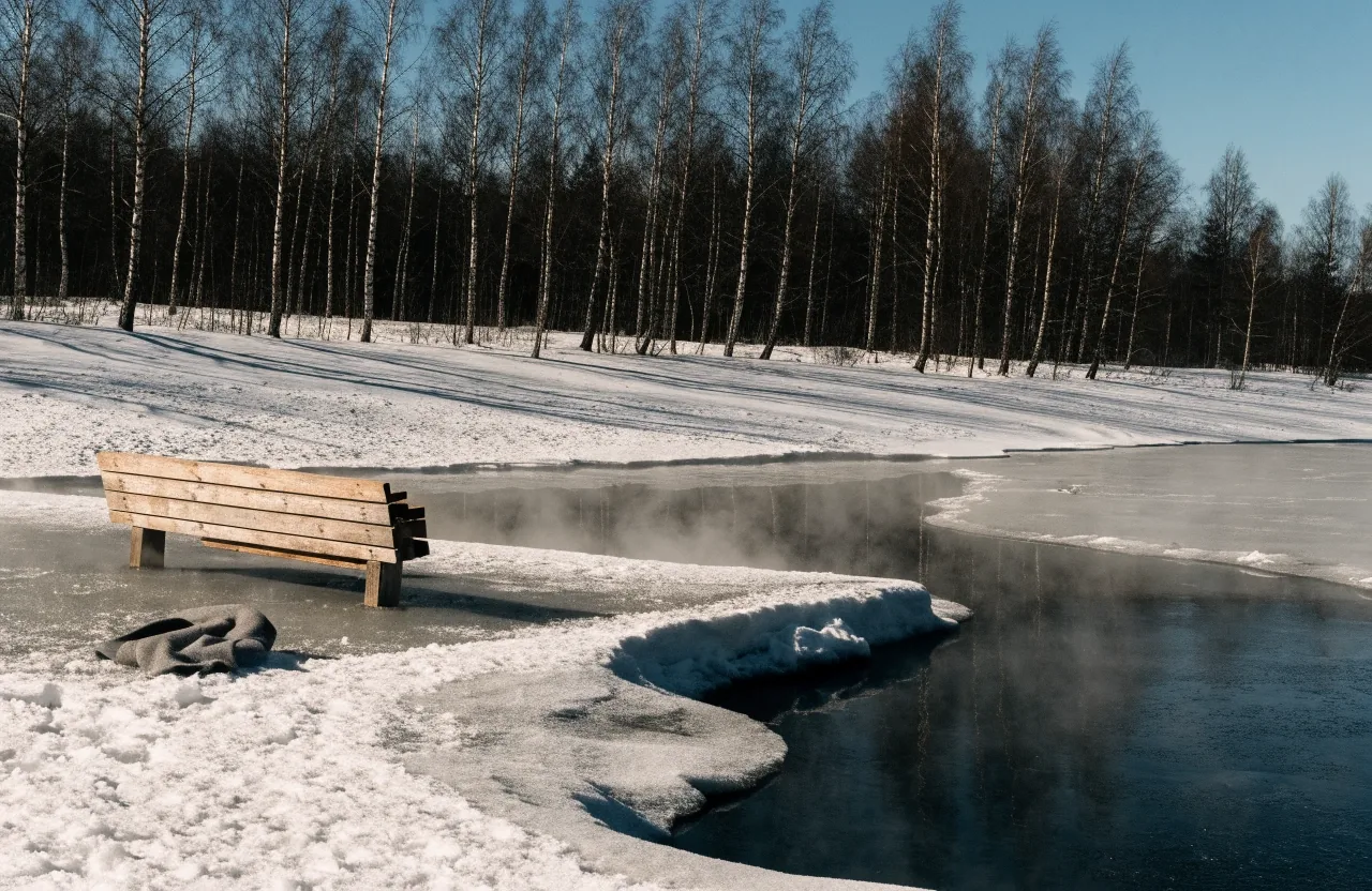 Steam rising from a cut swimming hole in a frozen Finnish lake, a coat left on the snowy bank
