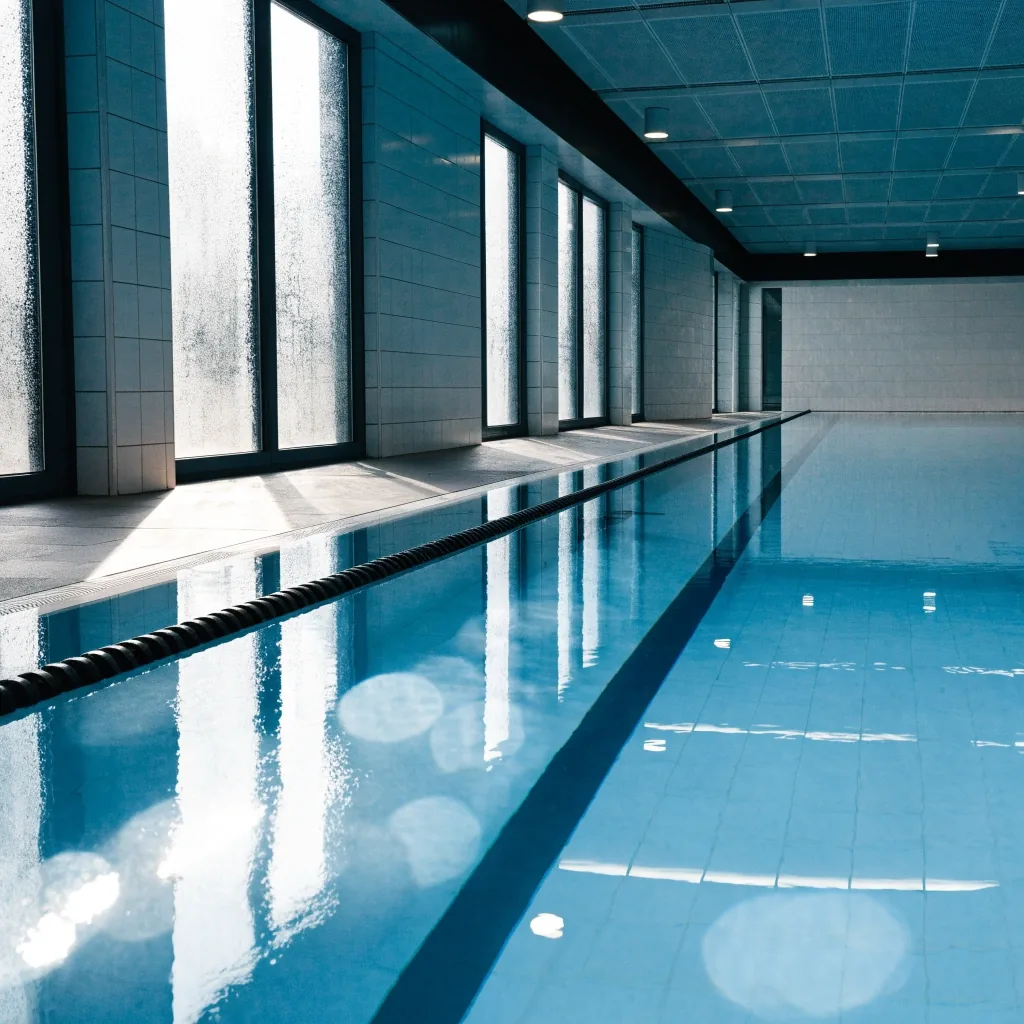 Still indoor pool water and a lane rope under tall windows in a Finnish swimming hall